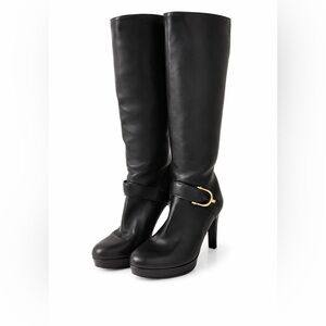 Gucci Black Leather Mid-Calf Boots Gold Horsebit Made in Italy EU 39